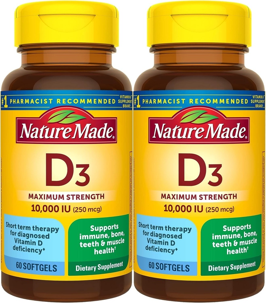 Príroda Vyrobené Maximálna sila Vitamín D3 10000 IU (250 μg), Diétne doplnky pre kosti, zuby, svalovej hmoty a imunitného zdravia, 60 Softgels, 60 dní dodávky - balenie 2