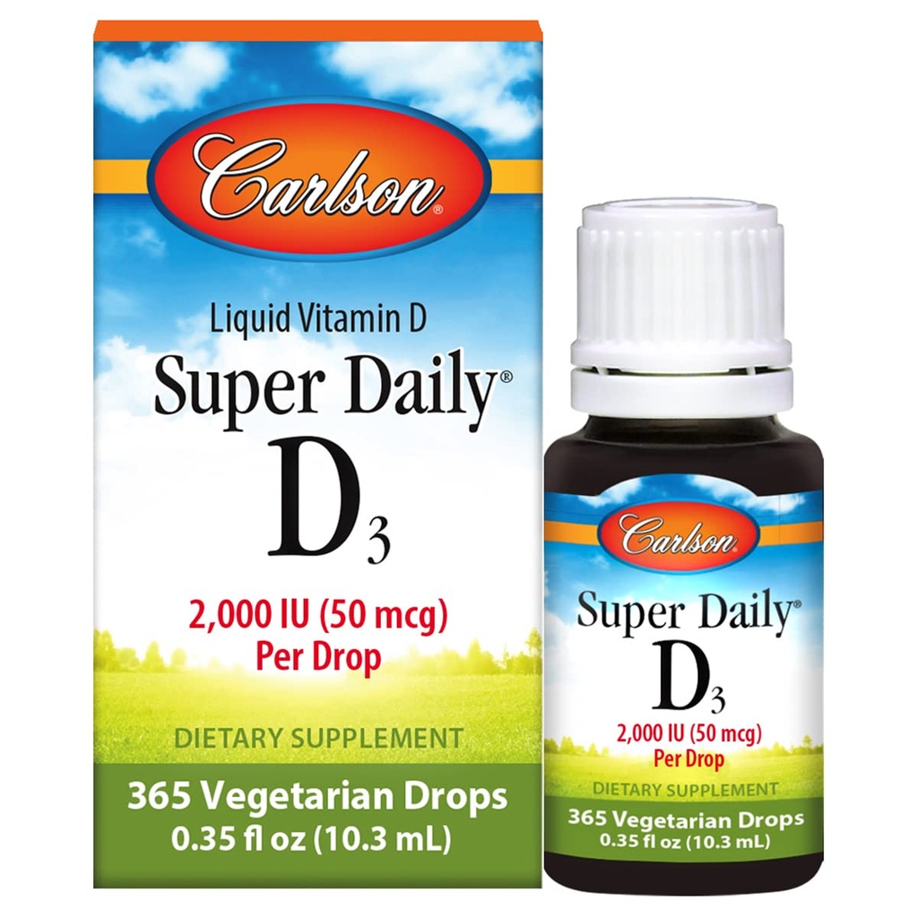 Carlson - Super Daily D3, Kvapky vitamínu D, 2 000 IU na kvapku, 1-ročná zásoba, vitamín D3 kvapalina, zdravie srdca a imunity, vegetariánske, tekuté kvapky vitamínu D, bez príchute, 365 kvapiek