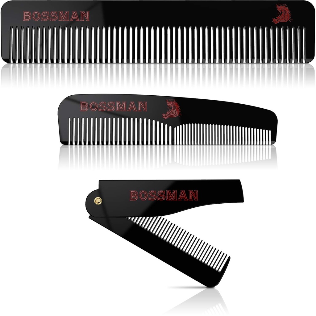 Bossman Acetate Beard, Mustache, & Hair Comb Set 3 - Combs pre mužov s minimalistickým magnetickým boxom (7,5-inch, 5-inch, 3,5-inch) - Features Rounded Teeth, Double-Sided Teeth, and Foldable Design