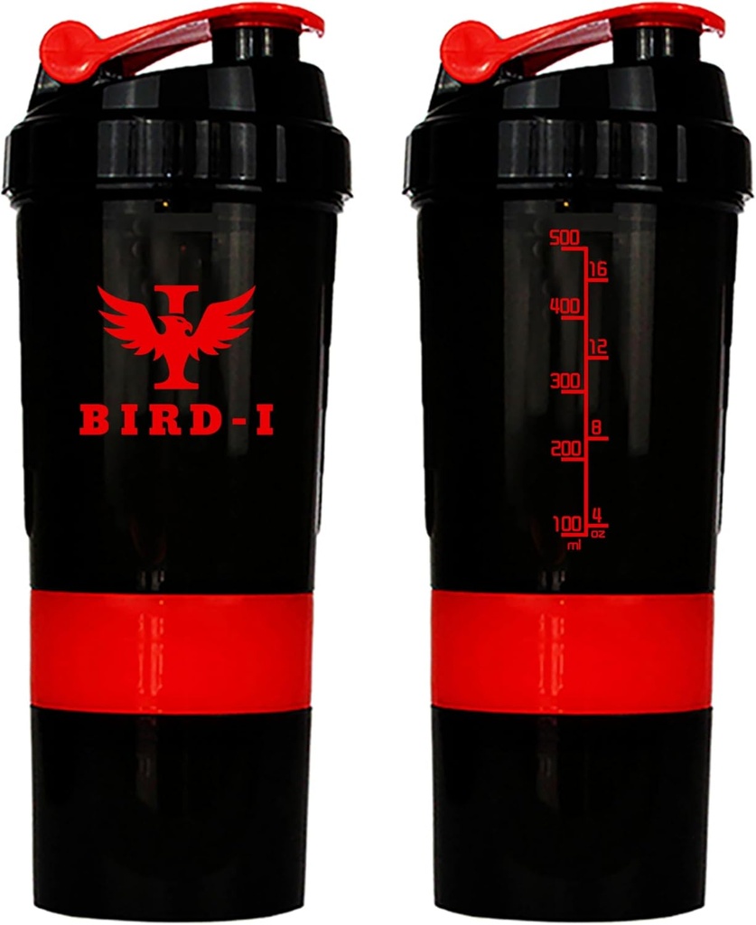 BIRD-I Gym Protein Shaker, 3-in-1, 500ml/16.9oz, BPA-free, Metal Mixer (RED), JT4101