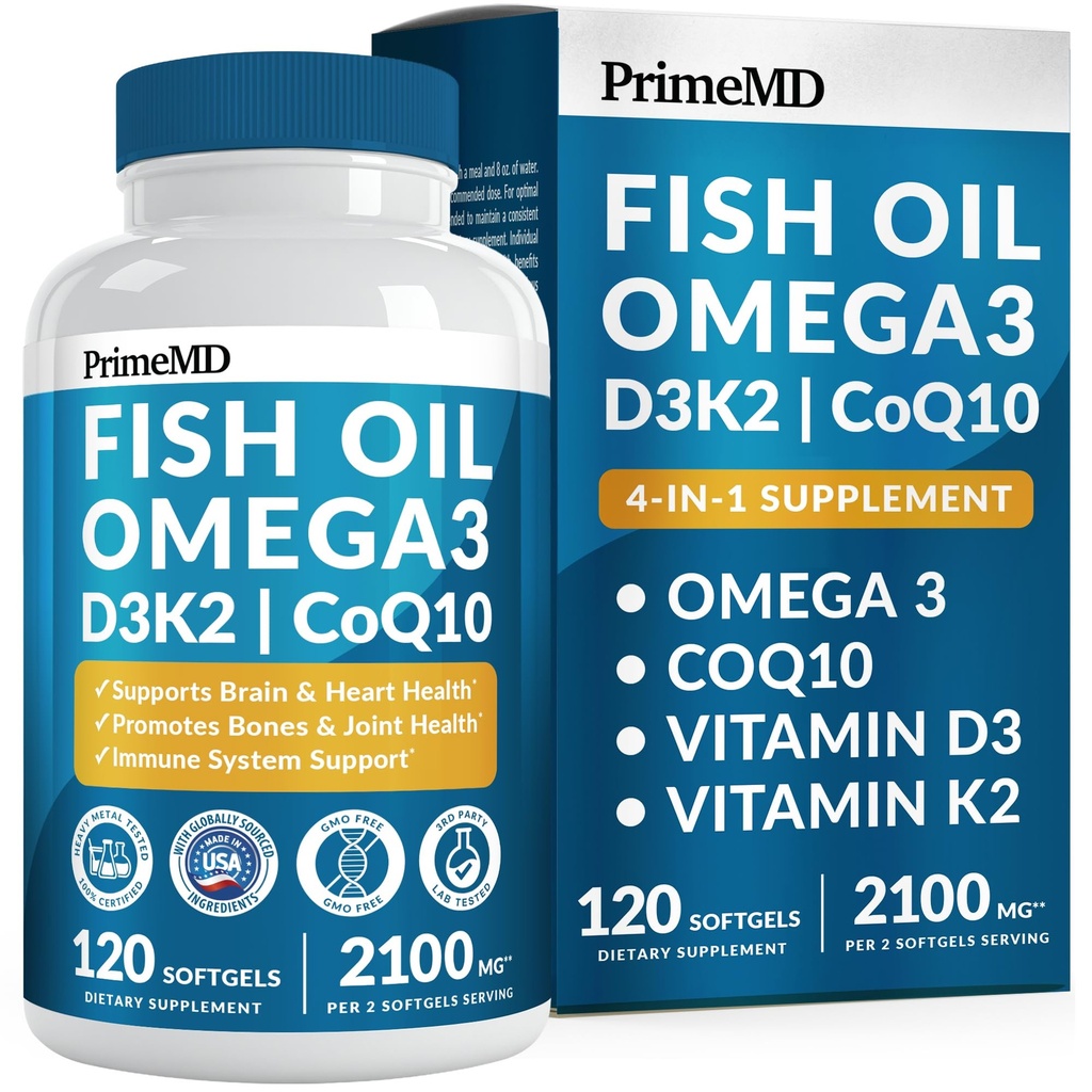 4-in-1 rybí olej Omega 3 mastné doplnky (2100mg) - Omega 3 rybí olej s vitamínmi D3 K2 a CoQ10 - citrónová ochutená (120 mäkké želé)
