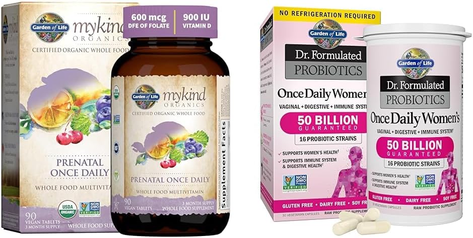 Garden of Life Organics Prenatálny vitamín: Folate for Energy & Healthy Fetal Development &, Dr. Formulované dámske probiotiká Raz denne, 16 kmeňov, 50 miliárd, 30 kapsúl