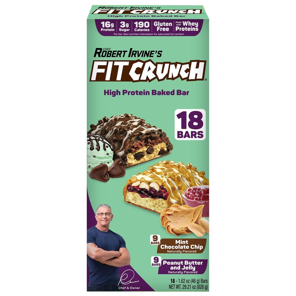 FITCRUNCH Proteínové tyčinky, Veľkosť balenia, bezlepkové (18 barov, čokoládové mätové želé a arašidové maslo)