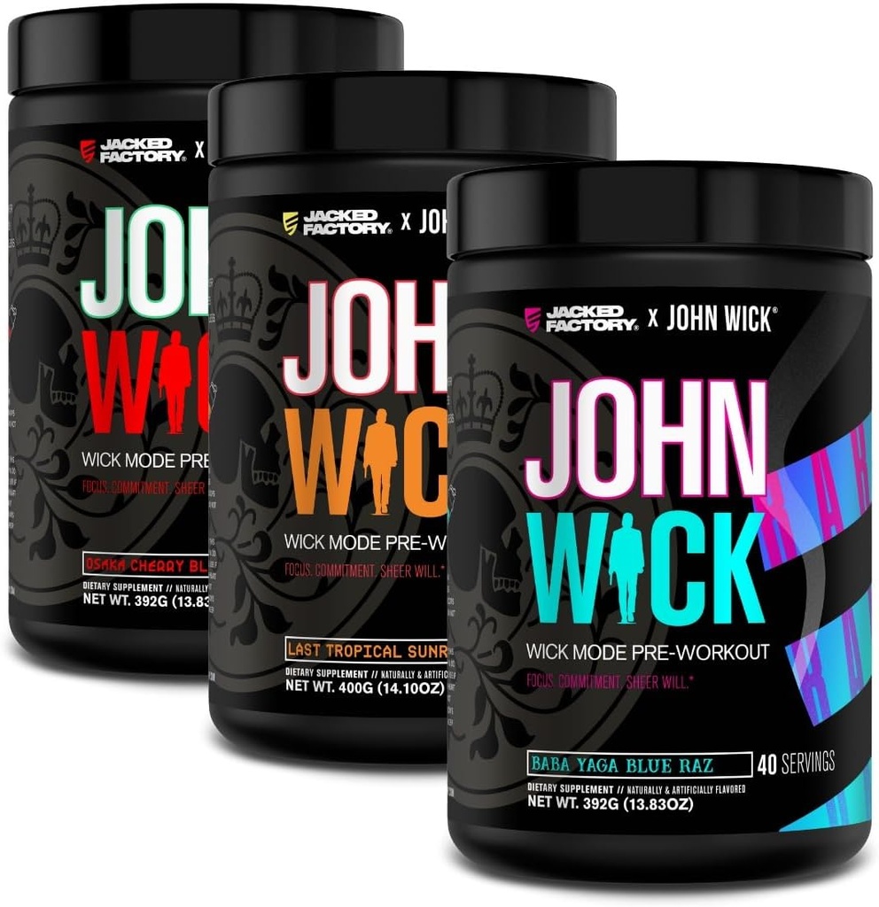 Jacked Factory X John Wick - Wick Mode Pre cvičenie Powder - Intenzívna energia, Battle-Ready Focus, Nezastaviteľný záväzok, a Sheer Will - 120 Servings (3-Pack)