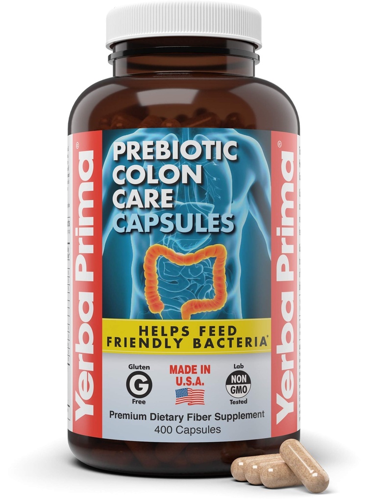 Yerba Prima Prebiotické kapsule Colon Care, 400 Caps - Päť foriem Fiber Plus FOS Pre-biotiká - Dietary Health Supplement - Zdravé rozpustné a nerozpustné vlákna pre pravidelnosť a diétnu podporu