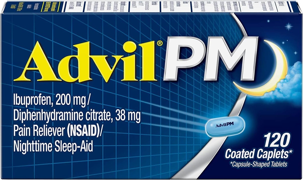 Advil PM (počet 120) Bolesť Reliever/Nocný spánok Potiahnutý kaplet, 200 mg Ibuprofénu, 38 mg Difenhydramínu (Back of 2)