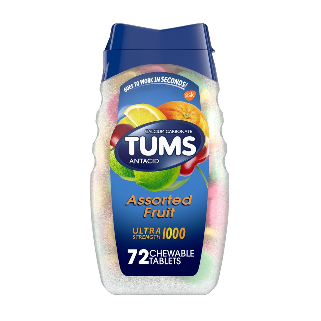 TUMS Ultra Strength Antacidové tablety na úľavu od chute pri pálení záhy a úľavu od trávenia kyselinou, rozmanité ovocie - 72 Počet