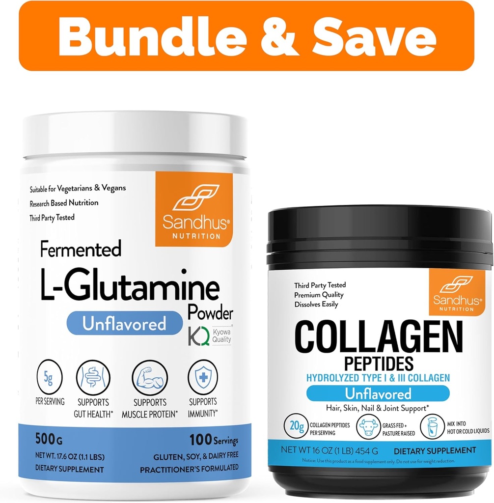 Sandhuov L-Glutamine Powder 100 Servivné služby, 500g, 17,6 Oz., Veľká veľkosť, 3 mesiace Supply & Collagen Peptides Powder