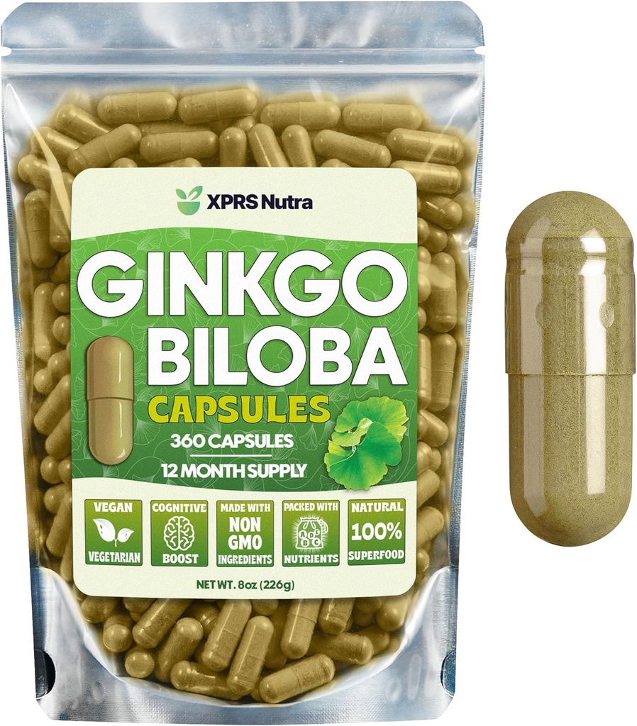 XPRS Nutra Ginkgo Biloba Kapsule - Gingko Biloba Kapsule pre Cognition - Vegan Friendly Ginkoba Biloba - Imunita Boosting Ginkgo Biloba Kapsule - 360 Počet