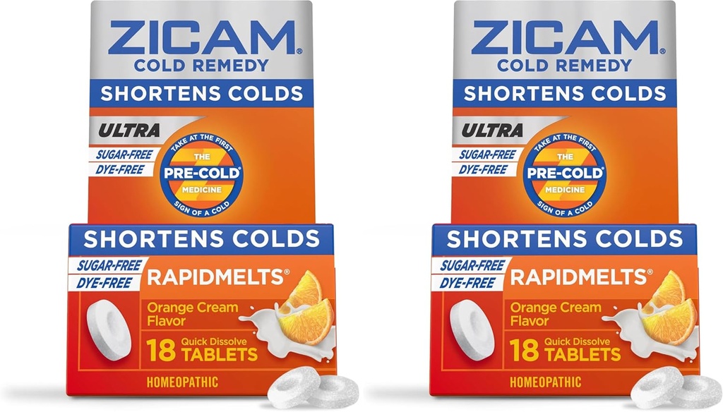 Zicam Ultra Cold Remedy Zinok Rapidmelts, Orange Cream chuť, Homeopatické, Cold Skrátenie Medicína, Skráti studenú dobu trvania, bez cukru, Farbivá, 18 Počet (Stock of 2)