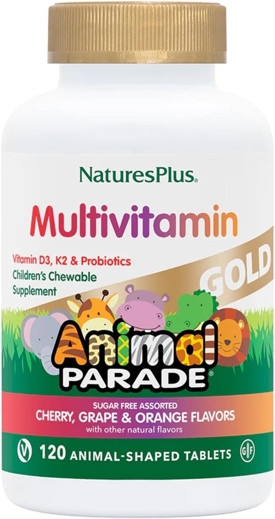 PrírodaPlus Animal Parade Gold Detský multivitamín - rozmanité Cherry, Orange & Grape flavors - 120 Žuvacie tablety pre zvieratá, balenie po 4 - Vegan, bez lepku - 240 Celkové služby
