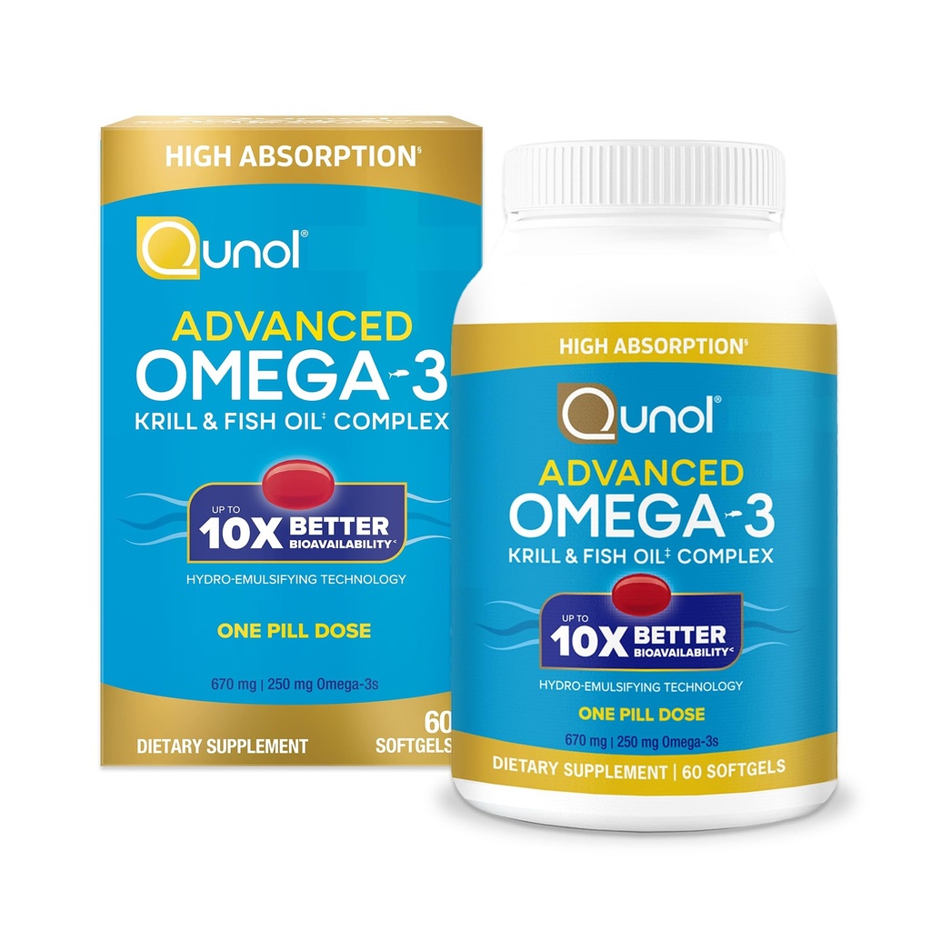 Qunol Advanced Omega 3 Krill and Fish Oil Complex, 10x Lepšia biodostupnosť, Jedna dávka tabliet, 250mg EPA & DHA, podporuje mozog, zdravie očí, srdca a kĺbov, 60počet (Stock of 1)