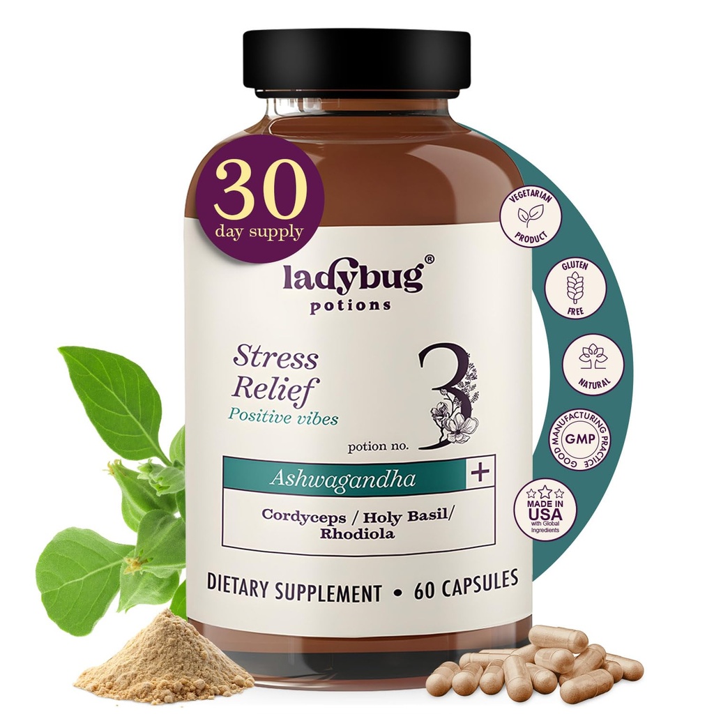 Organické tabletky Mood - 60 Kapsule Organické Ashwagandha Doplnky pre ženy a mužov, Ashwagandha Root Kapsule s Cordyceps, Holy Basil & Rhodiola, Znížiť stres, Boosts Mood a kognitívne funkcie