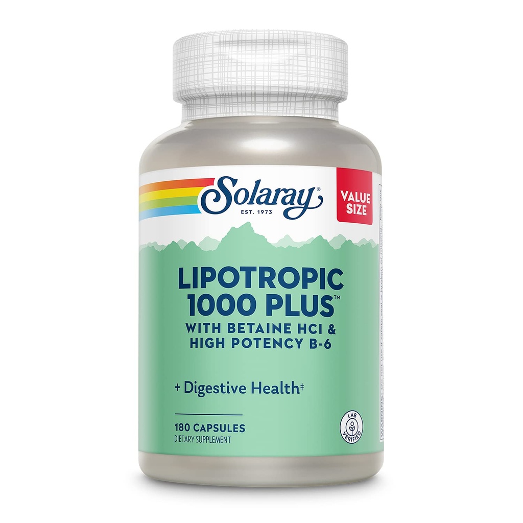 SOLARAY Lipotropic 1000 Plus s betaínom HCl a vysokou potenciou B-6, zdravá tráva, energia a podpora metabolizmu tukov, Lipotropný komplex Plus Aloe Vera, 60 dní Záruka, 30 Servings, 180 kapsúl