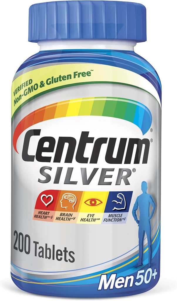 Centrum Silver Multivitamín pre mužov 50 Plus, Multivitamínové/Multiminerálne doplnky s vitamínom D3, B Vitamíny a zinok, bez lepku, neGMO zložky - 200 Počet