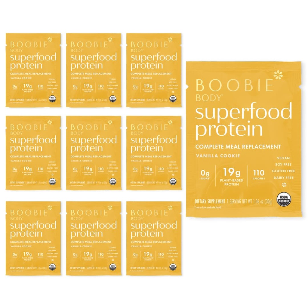 Boobie Body Superfood Protein Shake pre mamičky, Tehotenstvo a laktácia Podpora Proteínový prášok na zvýšenie mliečnej ponuky, Probiotiká, Organické, Mliečne, Gluten-Free Vegan Vanilla Cookie Single Srv 10pk