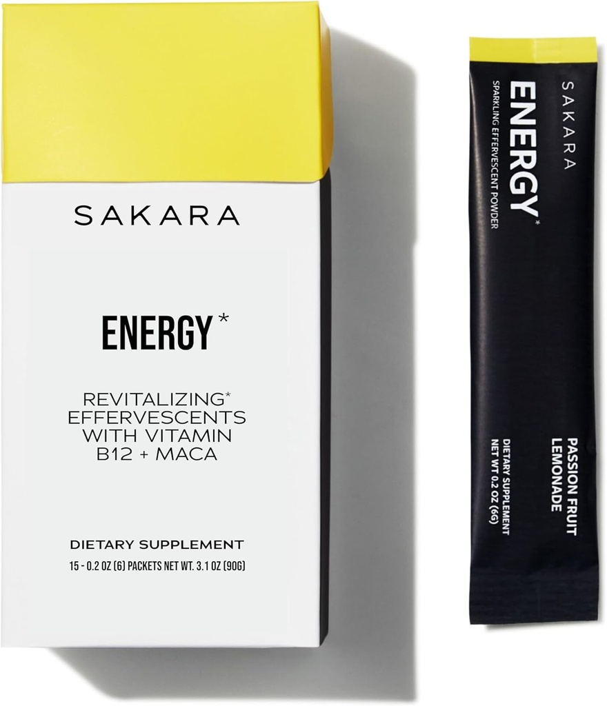 SAKARA Energy Effervescents, 15 paketov - Rafinované powder paketov bez obsahu cukru Elektrolytov s vitamínom B12 a L Theanine, ochutené balíčky s vodou, hydratačný prášok, energetický nápoj Elektrolytový prášok
