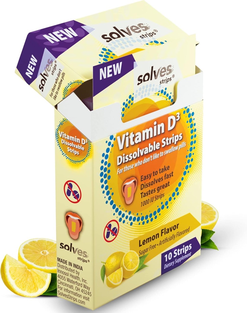 Solves Strips® Swift Vitamín D3 Uptake - Citrónový Zest Twist, Vysoká potencie, Bez cukru, All-Natural, Pill-free, Daily Bone & Immune Health Essential (Stock 30)