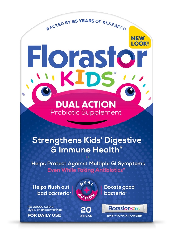 Florastor Kids Dual Action Probiotic Supplement, Posilňuje Kids' Tráviace a imunitné zdravie, 20 Easy-to Mix prášok Sticks, Balenie May Vary