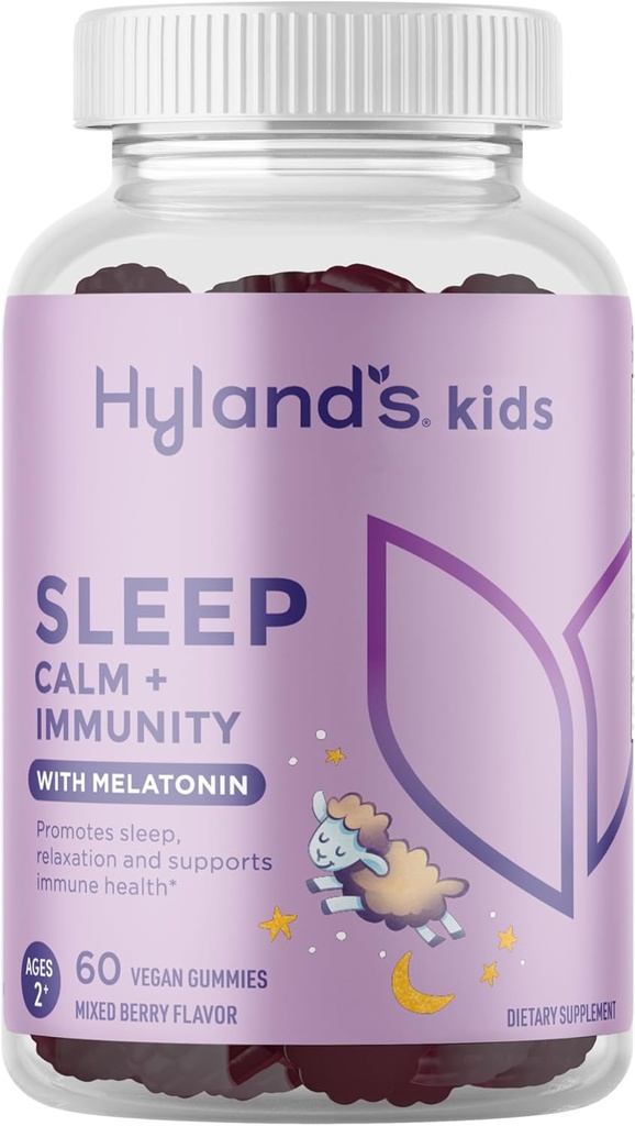 Hyland's Kids Sleep Calm & Imunity Support with Melatonin, Sleep Aid Gummy s vitamínom C, Zinok, bazy a harmančeka, Pomáha s nespavosťou a nepokojom, 60 Vegan Gummies