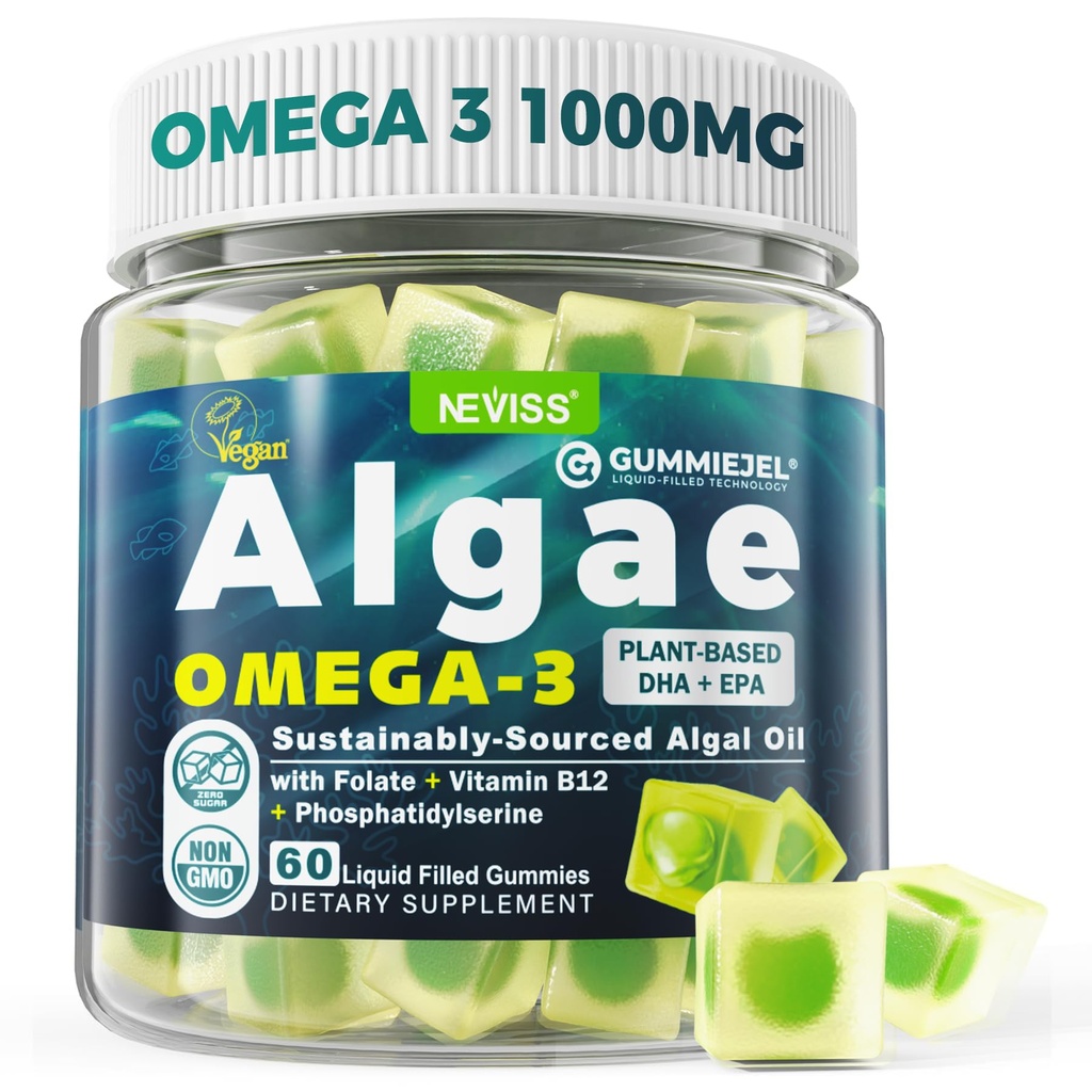 Vegan Omega-3 Gummies for Adults, Fish Oil Alternative from Algae Oil, Plant Based DHA 460mg & EPA 230mg Plus MethylFolate, Vitamín B12, Fosfatidylserin, No Fishy Taste, Vegan, Sugar Free, 60 Cts