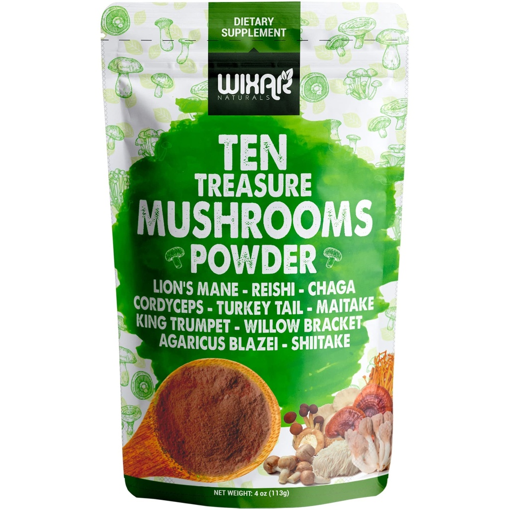 Wixar Mushrom Powder - Ten poklad Huby extrakt doplnok Zmes pre kávu a smoothies - Lions Mane, Turecko chvost, Reishi, Chaga, Shiitake, Cordyceps, Complex - 4oz Mushroom Supplement