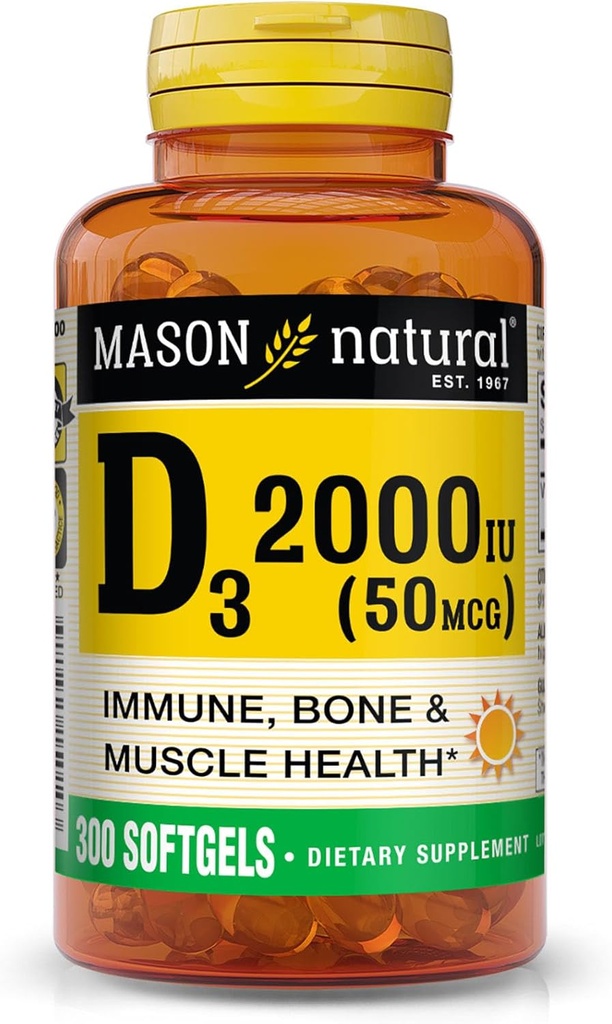 MASON NATURAL Vitamin D3 2 000 IU Ultra sila, podporuje kostnú hustotu, silu a imunitné zdravie, 300 Softgels