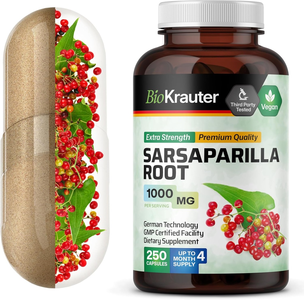 BIO KRAUTER Sarsaparilla Root Capsules - 1000 mg Sila - 250 Vegan Sarsaparilla Extrakt Caps - bez výplne