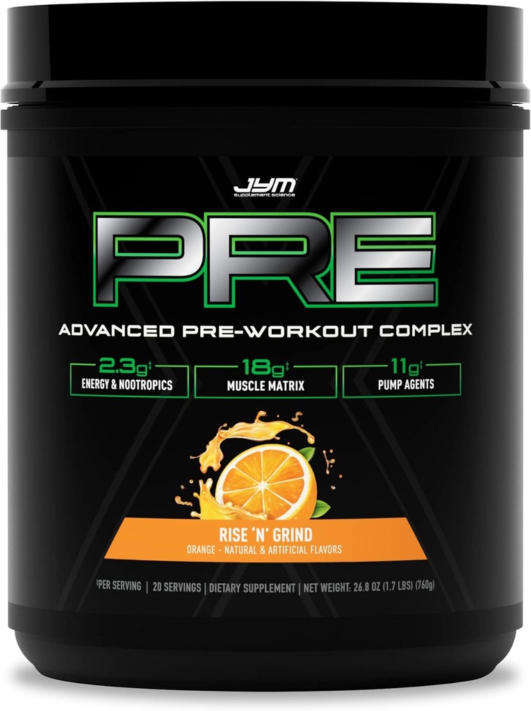 Pre JYM X Rise N' Grind Advanced Powder Massive Pumbers, Citrulín Nitrate, Dynamine, NO3T Betaine, BCAA
