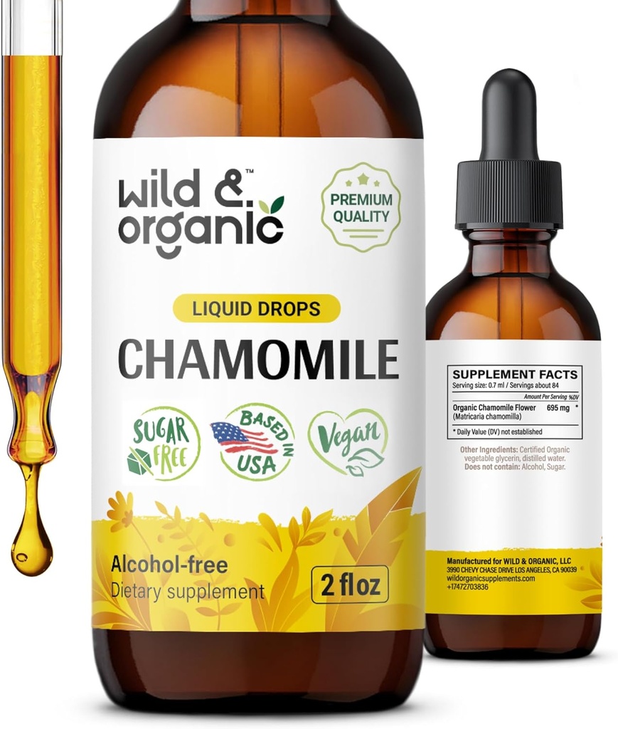 Divoká a organická harmančeková tinktúra - Relaxačné a upokojujúce harmančekové doplnky - Liquid flower Extract Drops - Vegan, cukor a alkohol-free - 2 fl oz