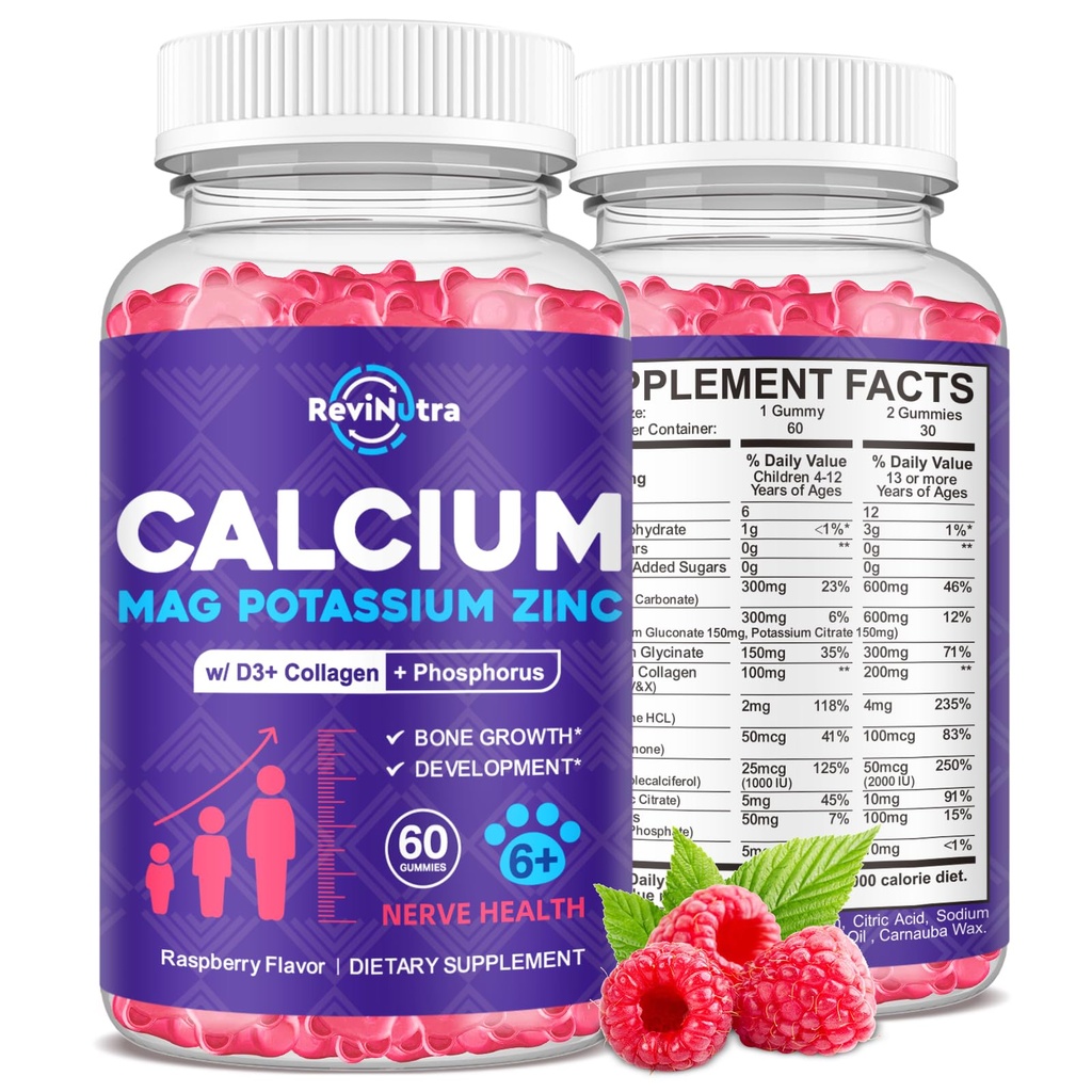 Vápnik draselný Magnézium Gumies pre deti a dospelých, s hydrolyzovaný kolagén, zinok, fosfor, multivitamín pre spánok, kostnej sily, podpora hustoty, bez cukru, Malinová 60 Gumies
