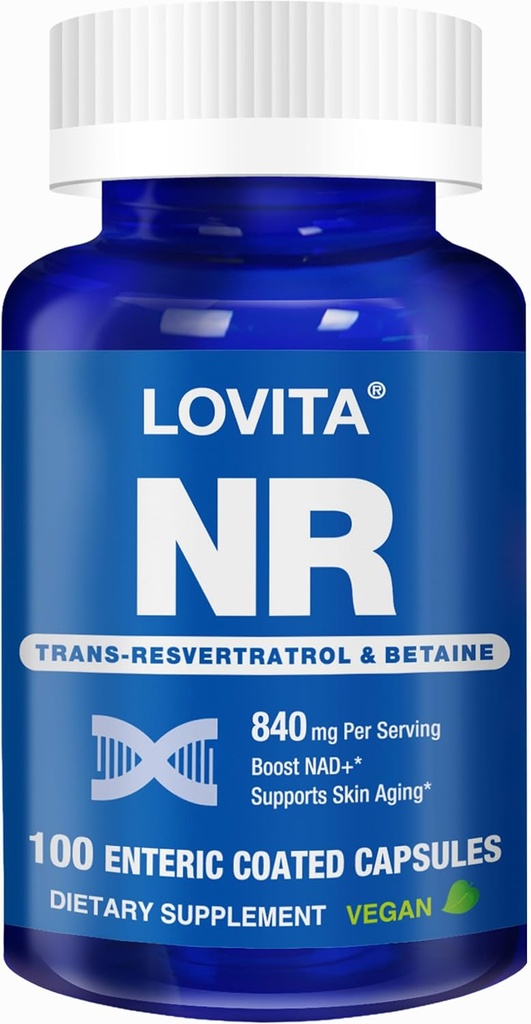 Lovita NR (Nicotinamide Riboside) 840 mg, NAD Supplement with Trans-Resveratrol and Betaine, Promote NAD Plus Levels, Healthy Aging, 100 Vegan Enteric-Coated Capsules