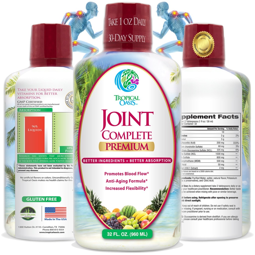 Tropical Oasis Joint Complete Premium - Liquid Joint Supplement with Liquid Glucosamine Sulphate, Chondroitín, MSM & Hyalurónová kyselina - 96% Max Absorbcia 32oz, 32 serv, 33484