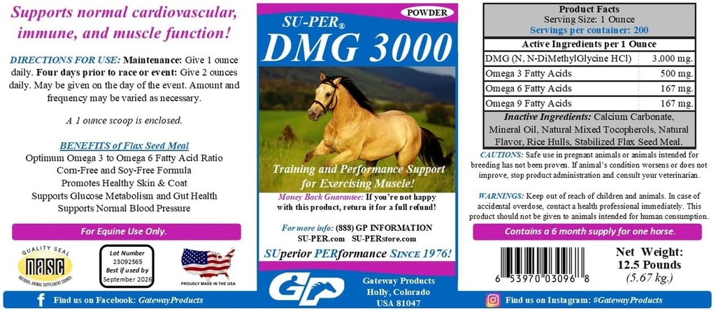 SU-PER DMG 3000 Horse Supplement - Training & Performance Support Powder - Podpora normálnej kardiovaskulárnej imunitnej a svalovej funkcie - 12,5 libra, 6 mesiacov
