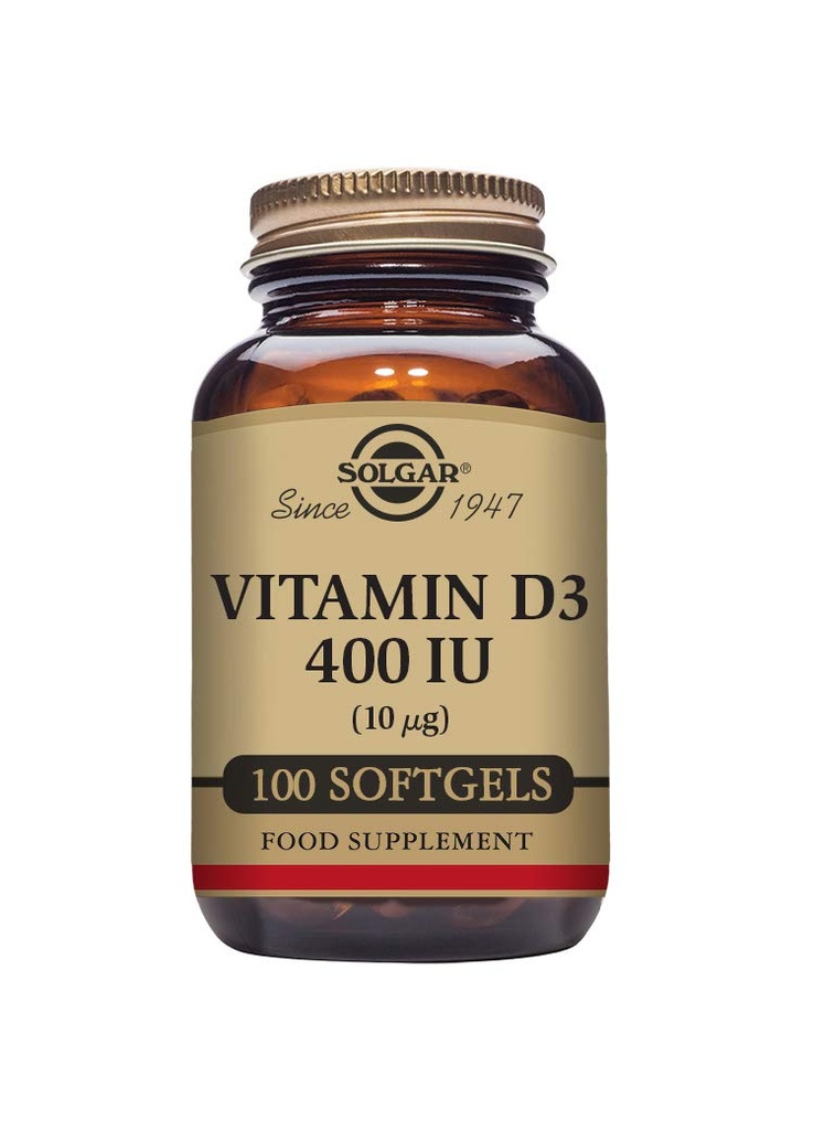 Solgar Vitamín D3 (Cholekalciferol) 10 MCG (400 IU), 100 Softgels - Pomáha udržiavať kosti a zuby - Imunitný systém Podpora - non-GMO, Gluten Free, Dairy Free - 100 Serviv