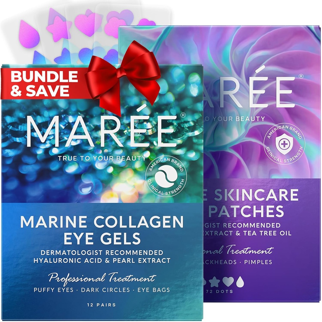 MAREE Eye Gels & Acne Сlearing Devices Bundle - Pod očné gély pre opuchnuté oči a tmavé kruhy, Hydrocolloid Akne Therapy Device - Marine Collagen & Hyaluronic Acid, Green Algae Extract & Tea Tree Oil