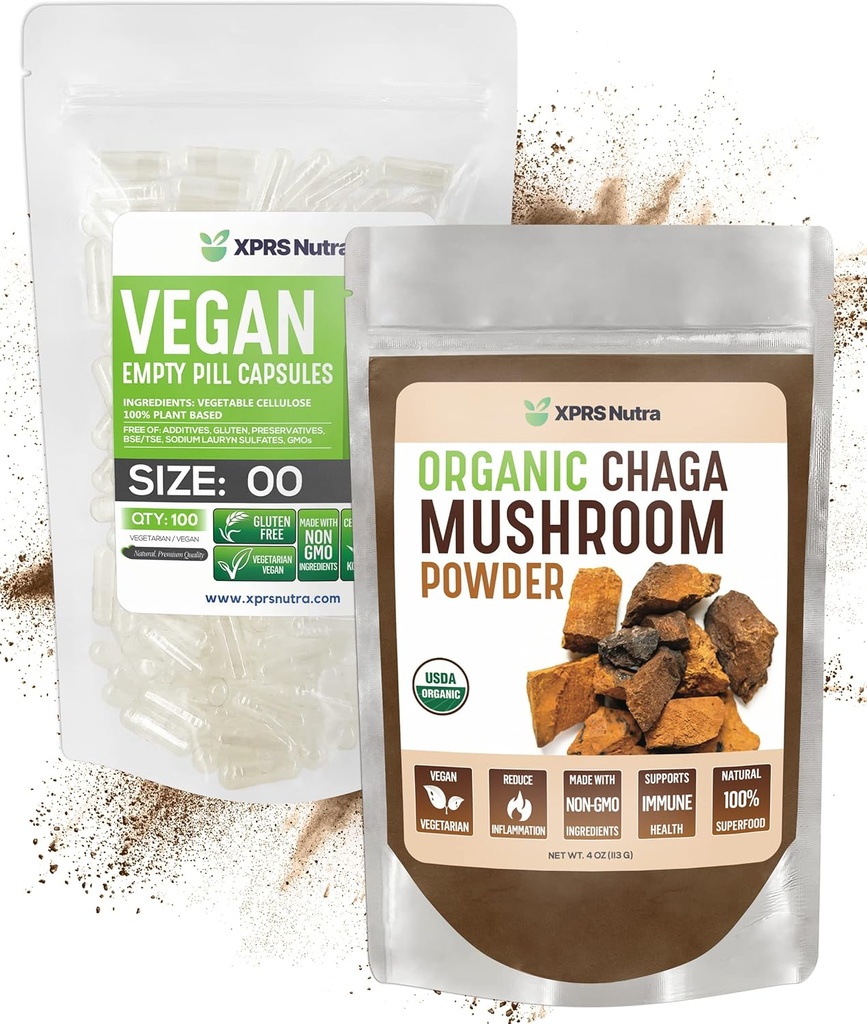 XPRS Nutra Organic Chaga Powder 4 Ounce s veľkosťou 00 predseparované prázdne kapsuly (100 gróf)