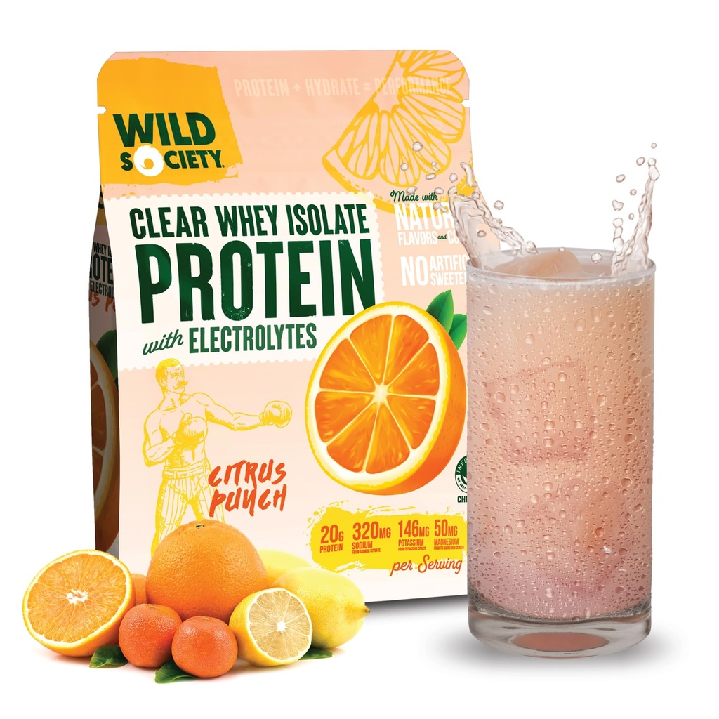 WILD Society - Clear Swhey Protein + Electrolytes - Osviežujúci srsť Protein Isolát prášok - 20g Proteín, 0 Pridané cukor, bez GMO, Prírodné príchute a farby - Citrus Punch, 16 oz
