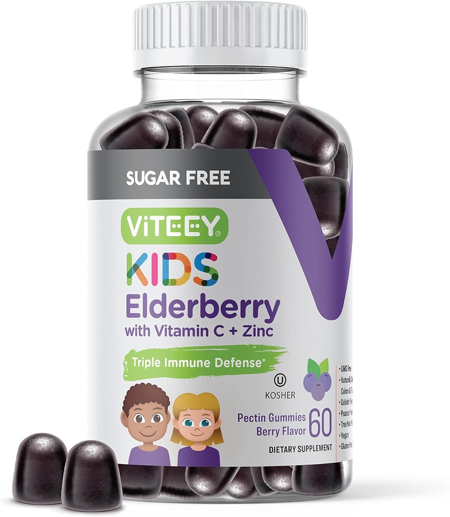 Viteey Sambucus Elderberry Gummy pre deti - bez cukru - Imunitná podpora Doplnky s vitamínom C a zinkom, [3-1 Immune Booster] Vegan, Želatína zadarmo, lepidlo zadarmo - Chutné Chewable Berry Ochutené