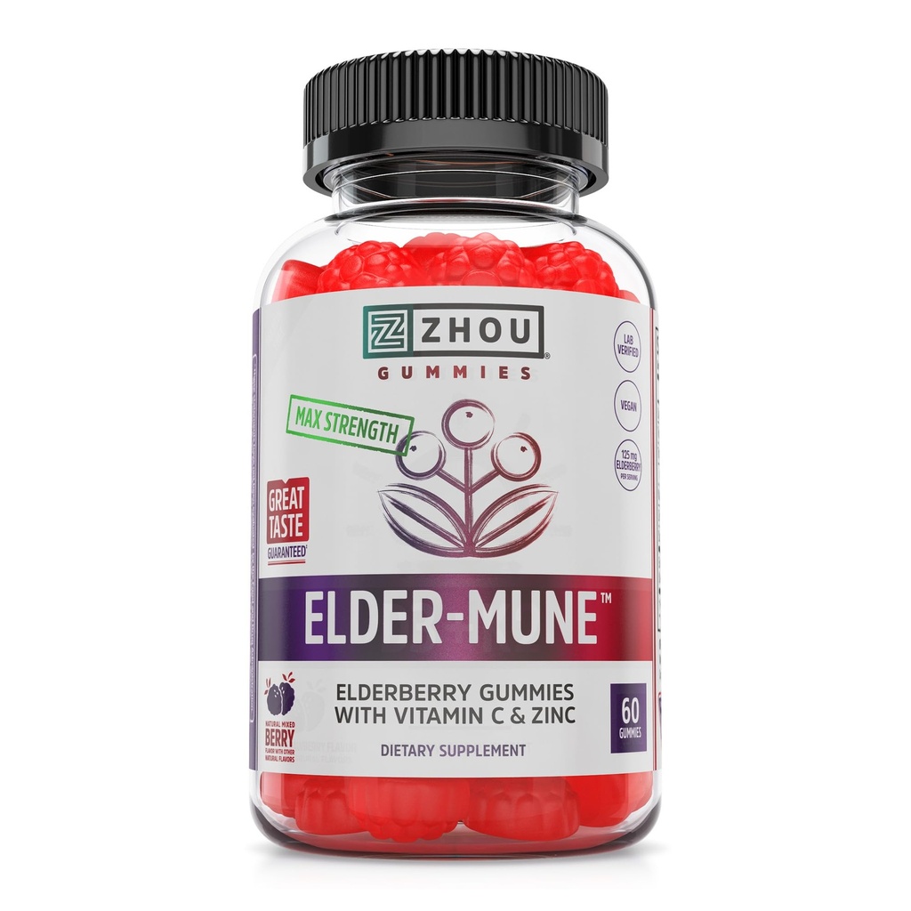 Zhou Elder-Mune Elderberry Gummies - bazový vitamín C a zinok, denná imúnna podpora Supplemenet pre ženy a mužov, žuvacia prírodná čierna baza pre dospelých a deti 4 a hore - 60 Gumímies