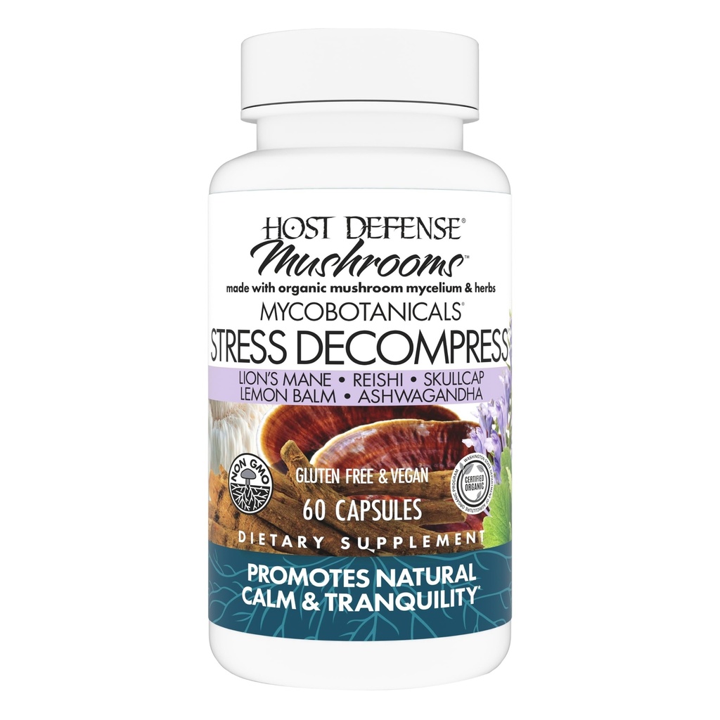 Host Defense MycoBotanicals Stress Decompress* Kapsule - Huba Supplement with Lemon Balm & Ashwagandha Root - with Reishi, Lion's Man & Skullcap - 60 Kapsule (30 Servings)