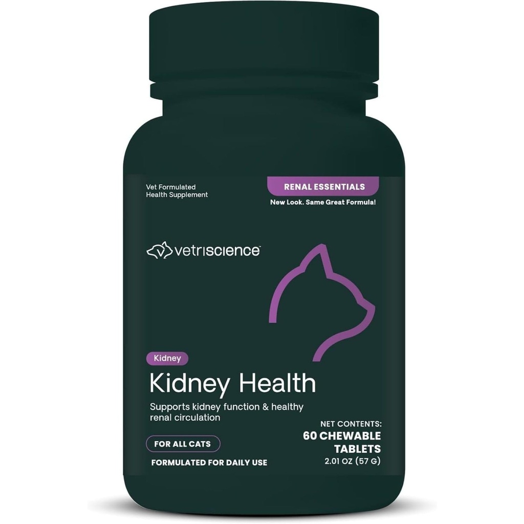VetriScience zdravie obličiek Žuvacie tablety, Renálne Essentials Supplement for Mačky, starostlivosť o obličky a podpora s Huba, Astragalus Root, Nettle Seed a byliny, Kurča a ryby, 60 Počet