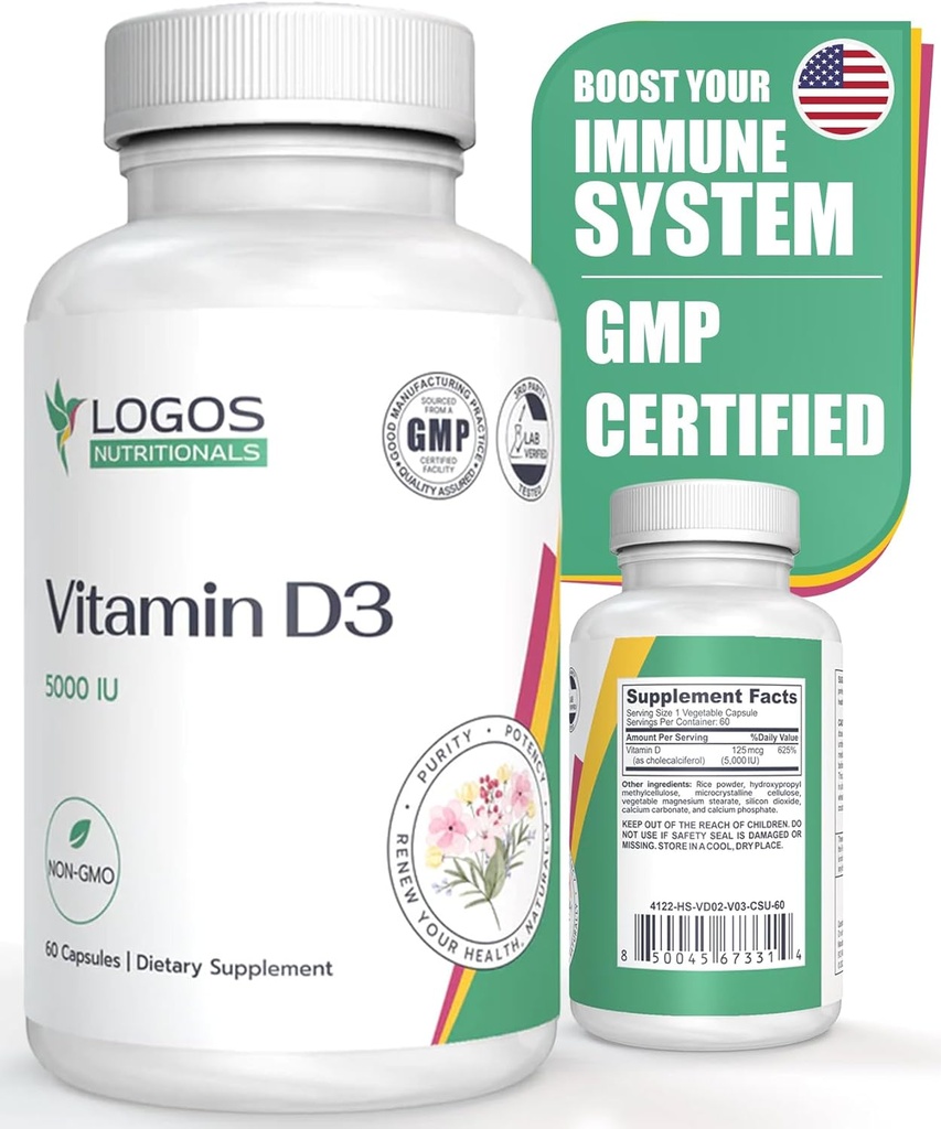 Vitamín D3 doplnok - Vitamín D-5000 IU - Podpora Zdravé kosti, zuby, svaly, Kardiovaskulárne, a imunitné funkcie - Mliečne, sójové - 60 kapsúl