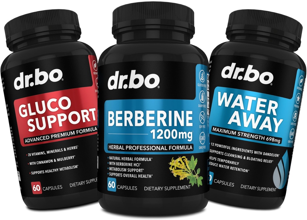 DR. BO Berberine Supplement Metabolisation Support & Water Pills - 1200mg Berberine HCL Supplement for Healthy Metabolic Support - Premium HCL 600mg Per Capsule & Water Pills Diuretiká Retention