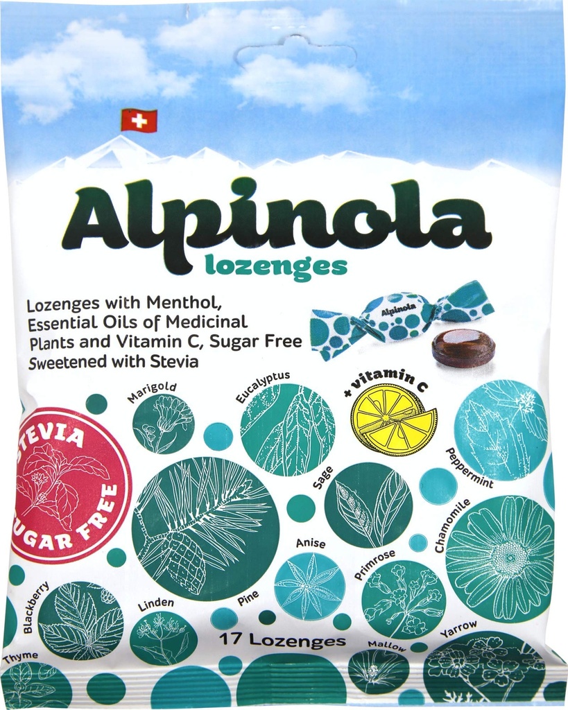 Alpinola Lozenges, Mentol, 20 bylín a vitamínu C, bez cukru Stevia, 17 grófov