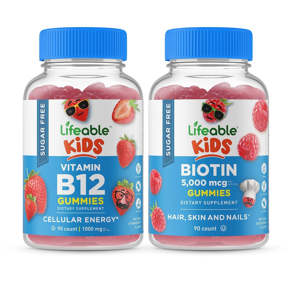 Životaschopný cukor bez vitamínu B12 Deti + preciotické vlákna Deti, Gummies Bundle - veľké ochutnávka, vitamín doplnok, bez lepku, bez GMO, Žuvacia Gummy