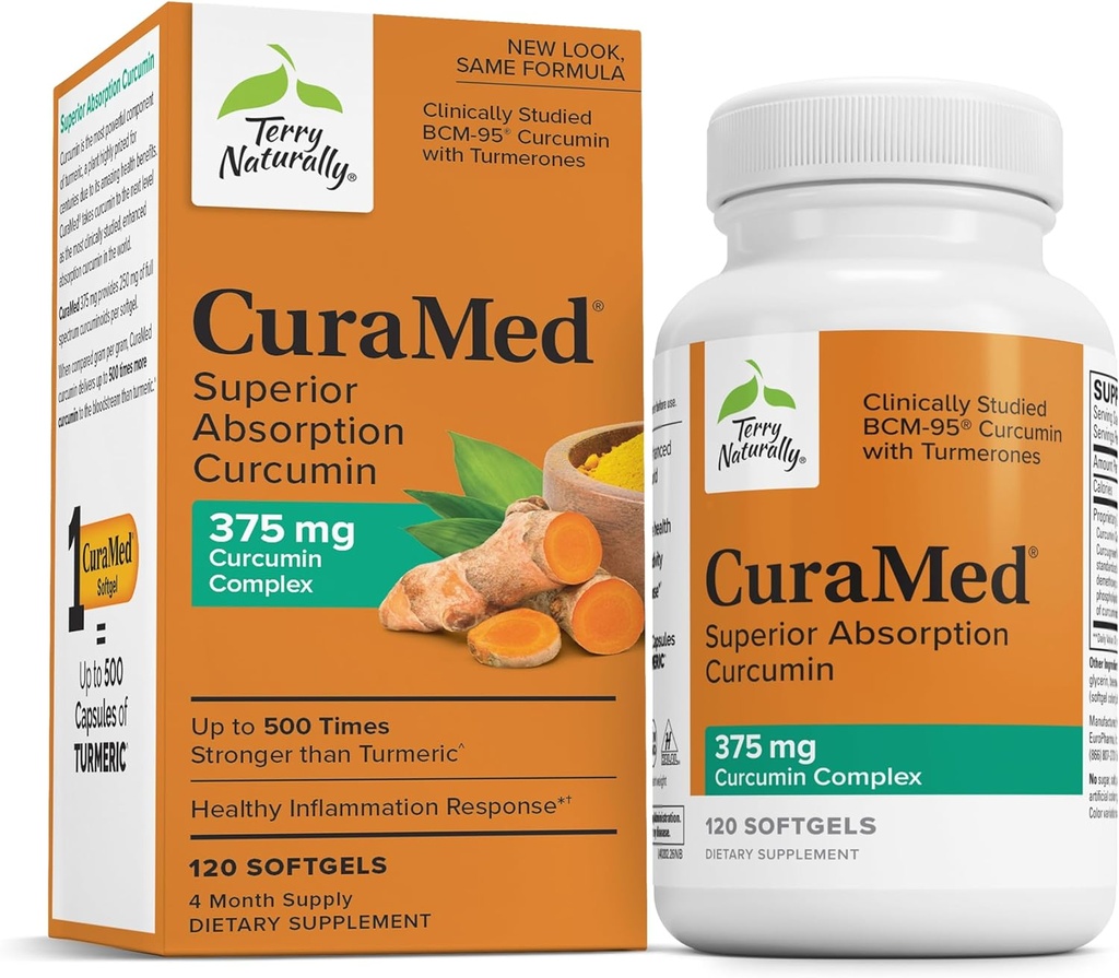 Terry prirodzene CuraMed 375mg - Antioxidant doplnok pre mozog & Immune Health Support - Dietary Supplement with Curcumin & Turmeric Essential Oil - Bylinná podpora pečene - 120 Softgels