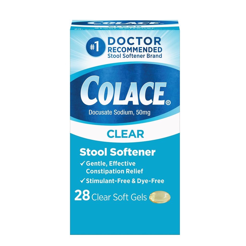 Colace Clear Stool Soft Gel Kapsule Zápcha Relief 50mg Docusate Sodík Lekár odporúča 28ct
