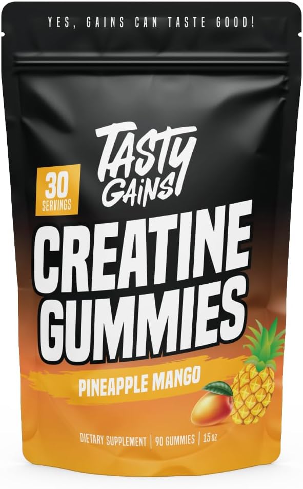 TASTY GAINS Creatine Gummies - 90g of Creatine Monohydrate - Workout Supplements - Build Muscle & Boost Strength for Men & Women - Made in USA - Non GMO - Vegan Friendly (Large, Pineapple Mango)