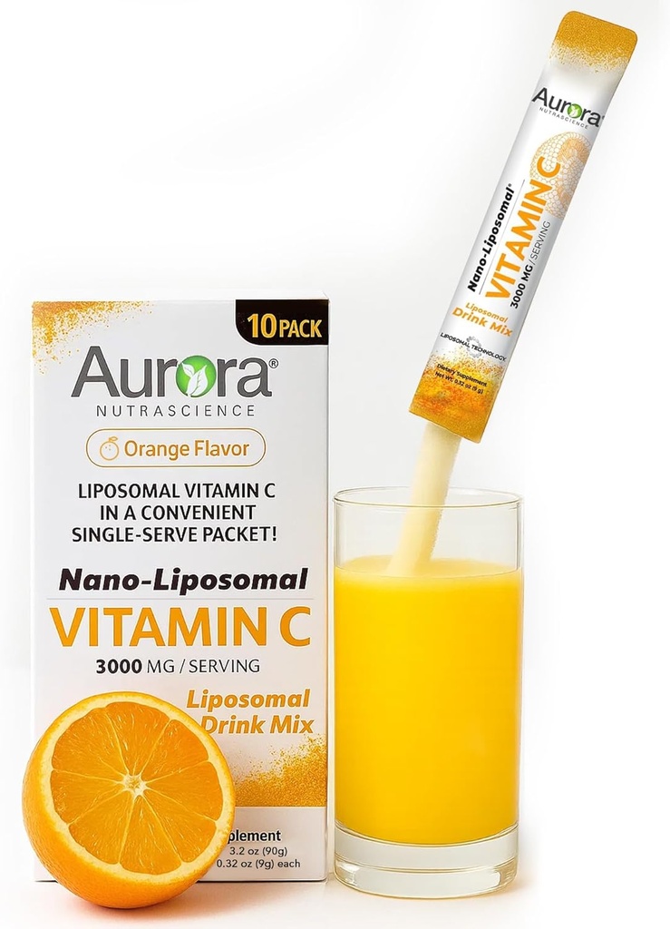 Aurora Nutrascience Nano-Pack Lipozomálny vitamín C prášok Nápoj Mix, Imunitná podpora, vysoká sila 3,000 mg na podanie 10 jednodávkových balíčkov, oranžová